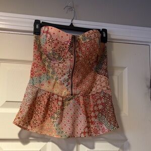 American Rag Patchwork Zip Corset Top  with Blue & Coral Accents in Peach M